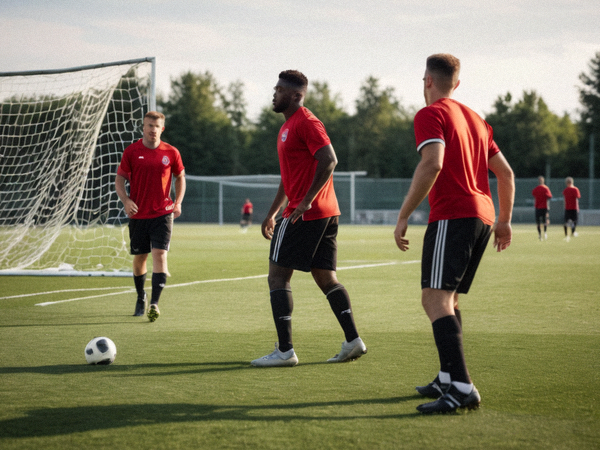 足球运动员在训练场进行射门训练的侧面镜头